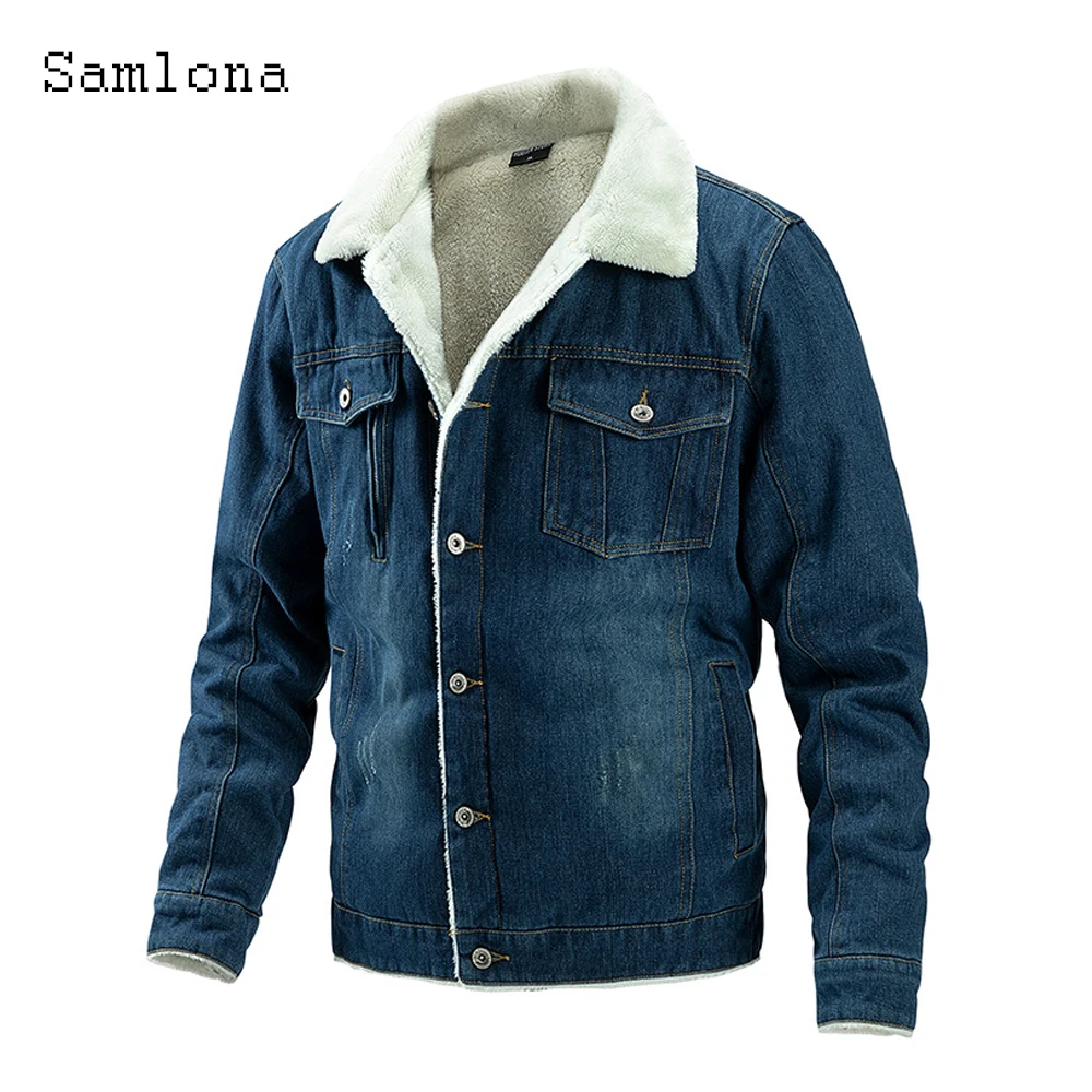 

Samlona Mens Vintage Demin Jackets Winter Velvet Tops Casual Buttons Up Demin Outerwear 2024 England Style Fashion Jean Coats