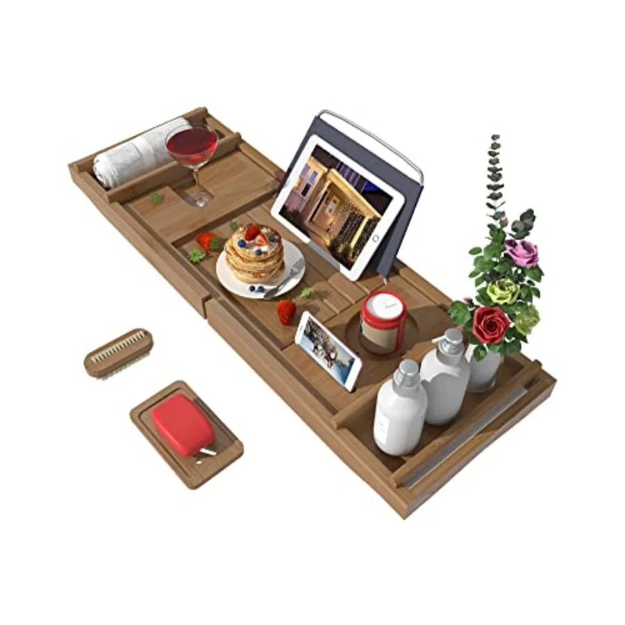 

Bath Caddy Tray for Bathtub - Bamboo Adjustable Organizer Tray for Bathroom with Free Soap Dish Suitable for Luxury Spa or Read