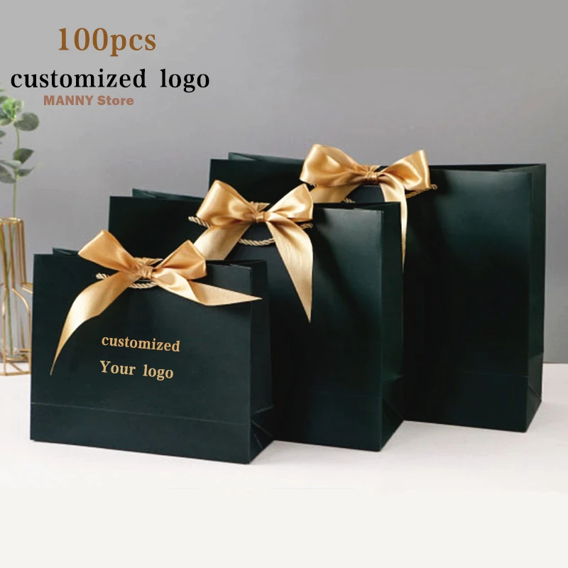 

100x Paper Bag Gift Boxes Commodity Packaging Handbag Customize Logo With Frame ,Shopping Promotion Bags Wedding Gifts Wrapping