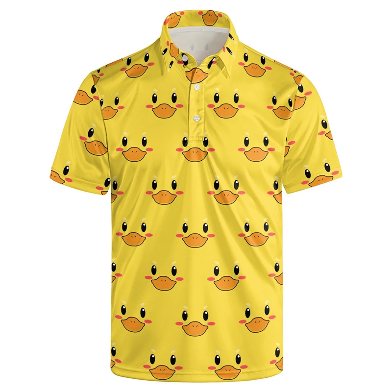 Cute Duck 3D Print Polo Shirts For Men Clothes Harajuku Short Sleeve Funny New Animal Little Yellow Ducks Button Shirt Tops