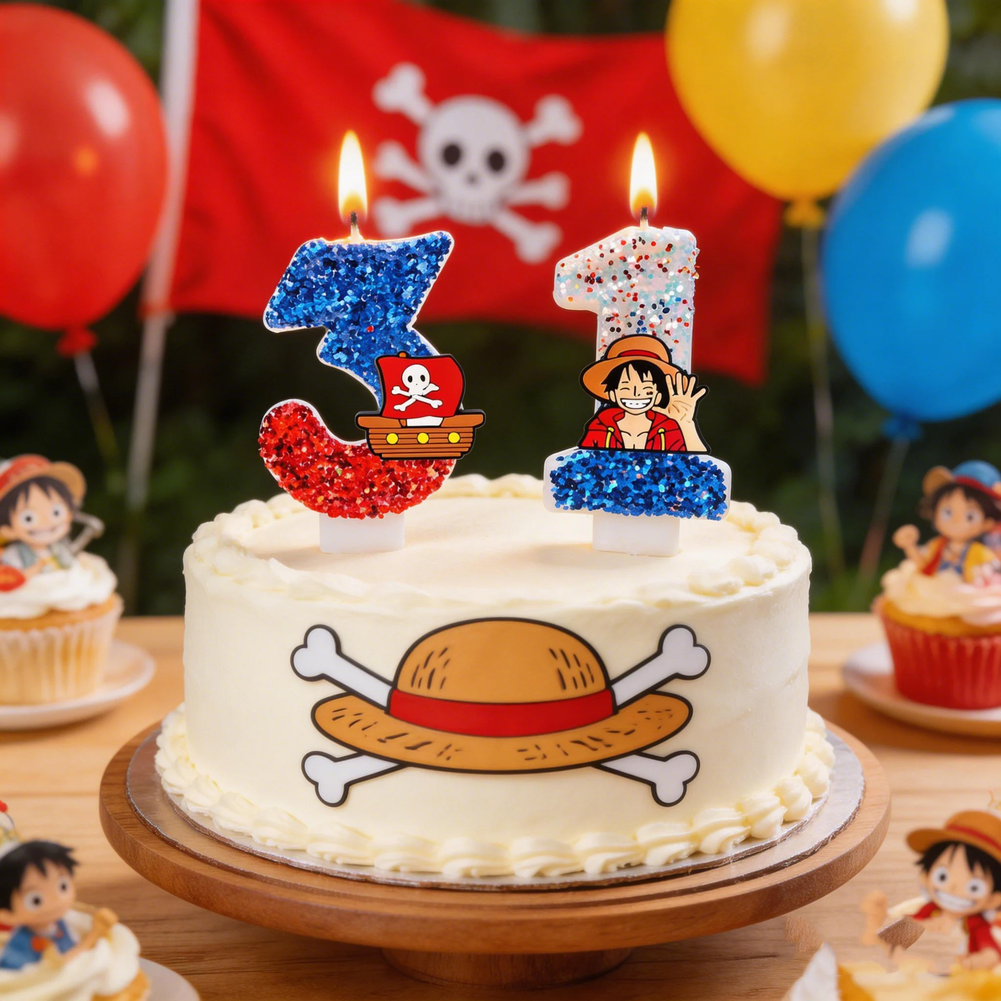 One Piece Anime Geburtstagszahlenkerze Luffy-Thema Glitzer-Kuchenaufsatz für Kinderpartydekoration