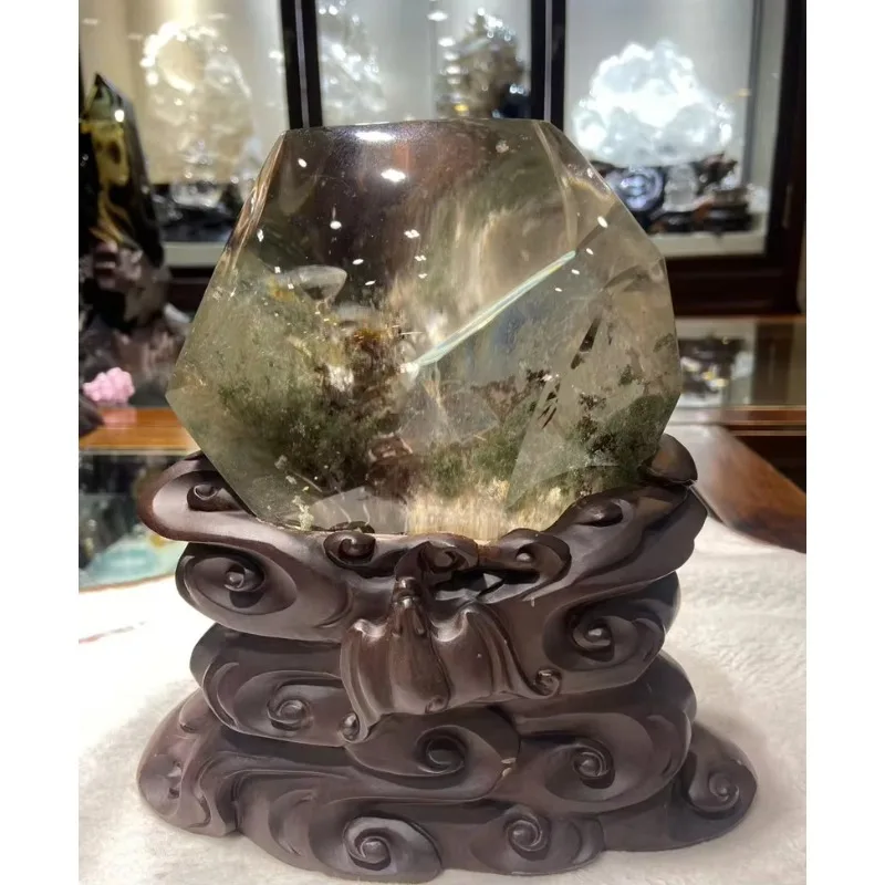 Chinese Feng Shui Crystal Crafts Top Quality Polished Natural Green Garden Landscape Phantom Quartz Stone Collection Decoration