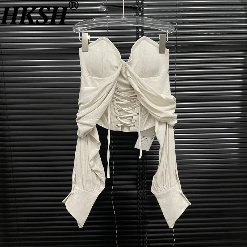 HKSH 2026 Summer New Women Sexy T-shirt Strapless Long Sleeves Lace-up Slim Fit Pleated Zipper French High-end Sexy Tops HK18423