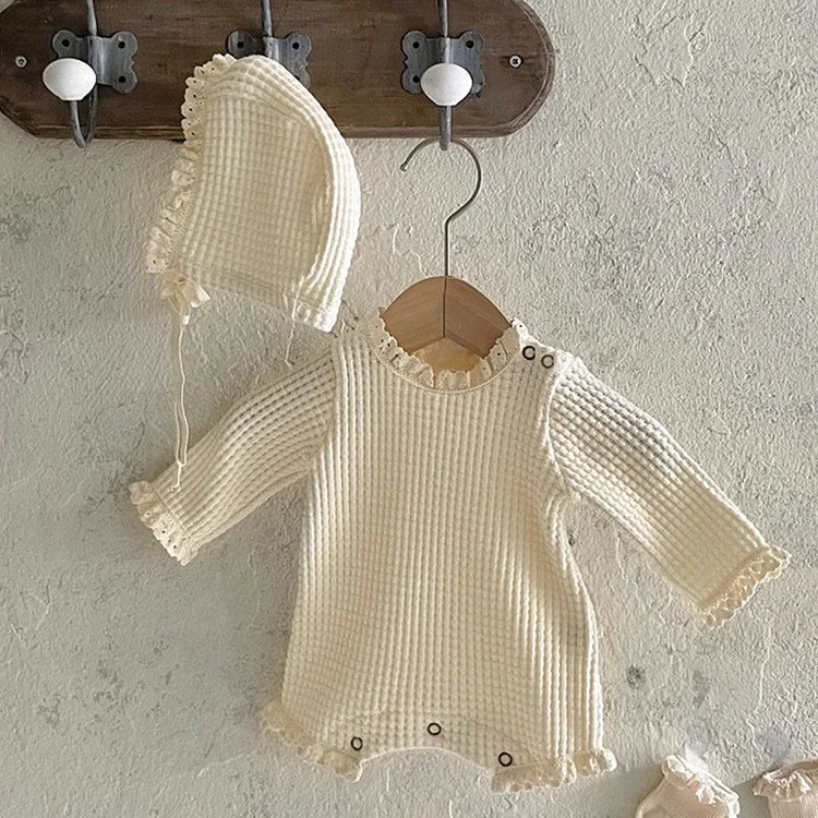 2026 Spring New Baby Long Sleeve Waffle Bodysuit + Hat Toddler Girl Solid Cute Lace Jumpsuit Fashion Casual Infant Clothes 0-24M