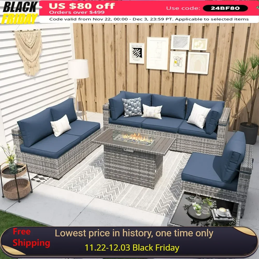 

Patio Furniture Sets with Fire Pit Table, Modular Rattan Outdoor Conversation Patio Sectional Furniture Sofa Set