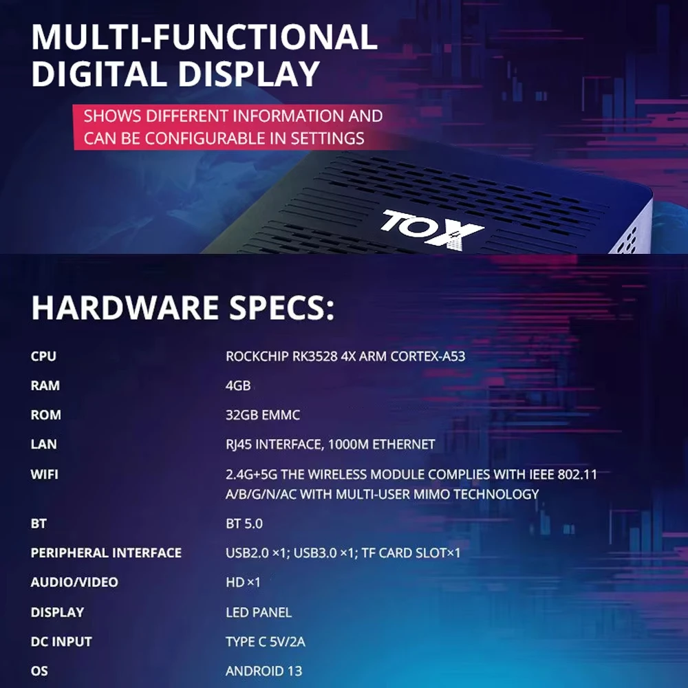 Original Smart TV box TOX4 RK3528 Android 13 4GB 32GB BT5.0 AV1 1000M LAN 2.4G 5.8G Dual Wifi 4K Multimedia Player Set Top Box