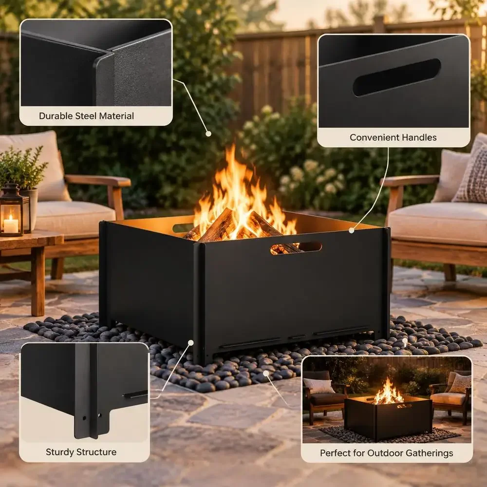 Brasero de acero para exteriores de 60 x 60 x 30 cm / estufa de leña. Gracias a su robusta estructura metálica y su diseño de ventilación eficiente, es ideal para reuniones en patios, terrazas y jardines.