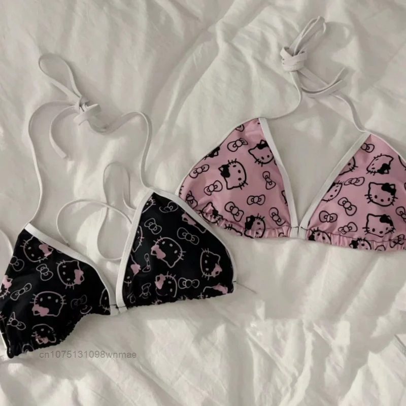 Słodki zestaw Bikini śliczne Cartoon Girl Sanrio Hello Kitty Pink pływanie 2024 nowy seksowny strój kąpielowy letni odzież codzienna plażowy