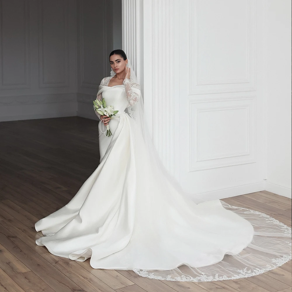 

Elegant Wedding Dresses Square Collar Lace Long Sleeve Bride Dress Detachable Train Bridal Gown Customized vestidos de novia