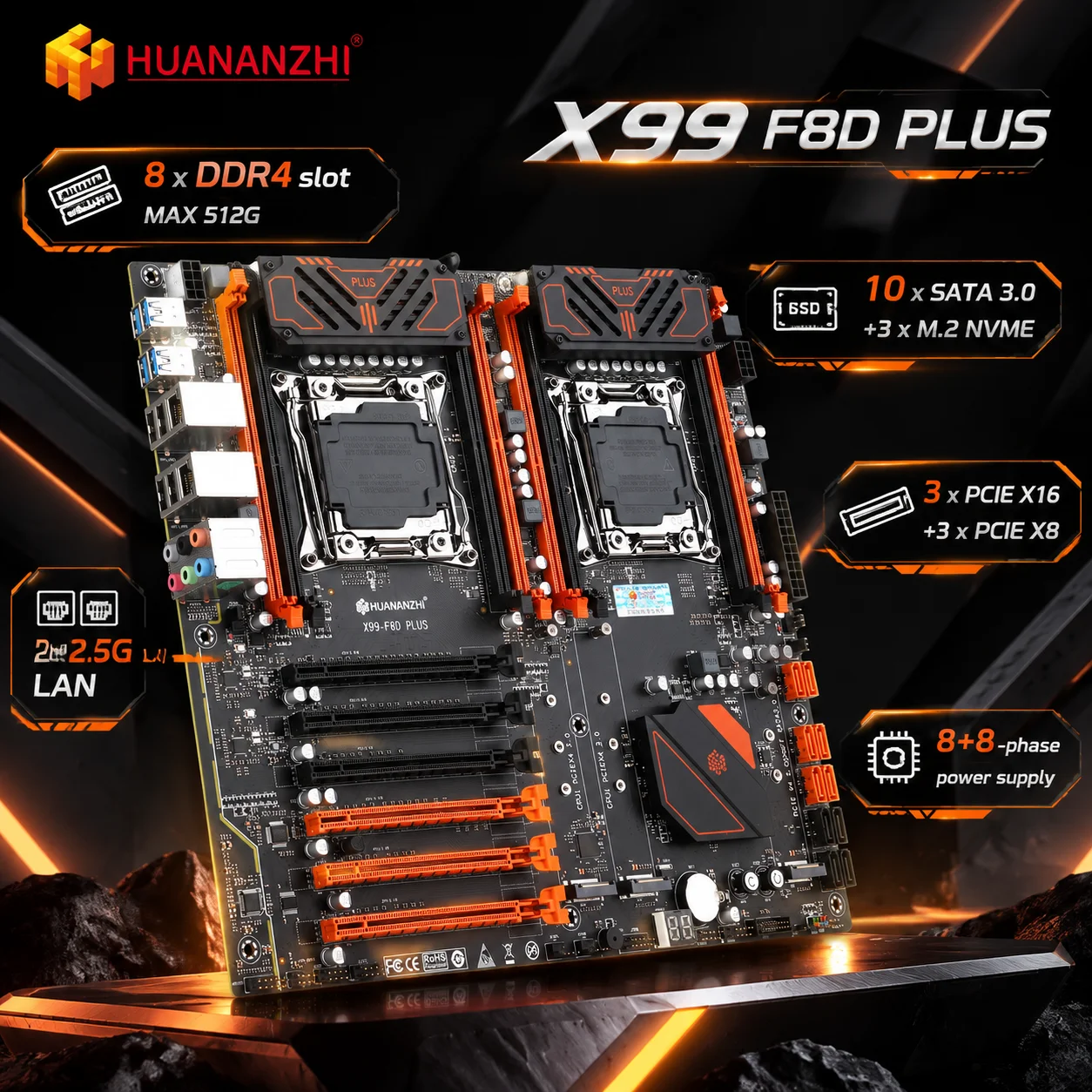 HUANANZHI X99 F8D PLUS LGA 2011-3 XEON X99 Motherboard with Intel XEON E5 V3 V4 Series Combo Kit Set Support DDR4 RECC NON-ECC