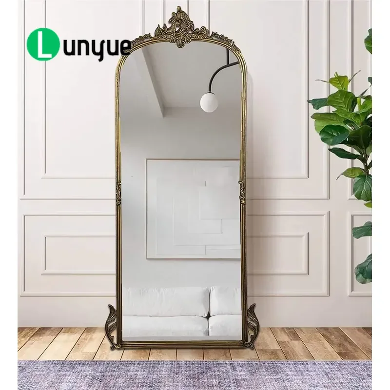Full Body Heart Shaped Antique Gold Metal Wall Mirror Arched Full Width Decorative with Bird Flower Pattern for Home Living