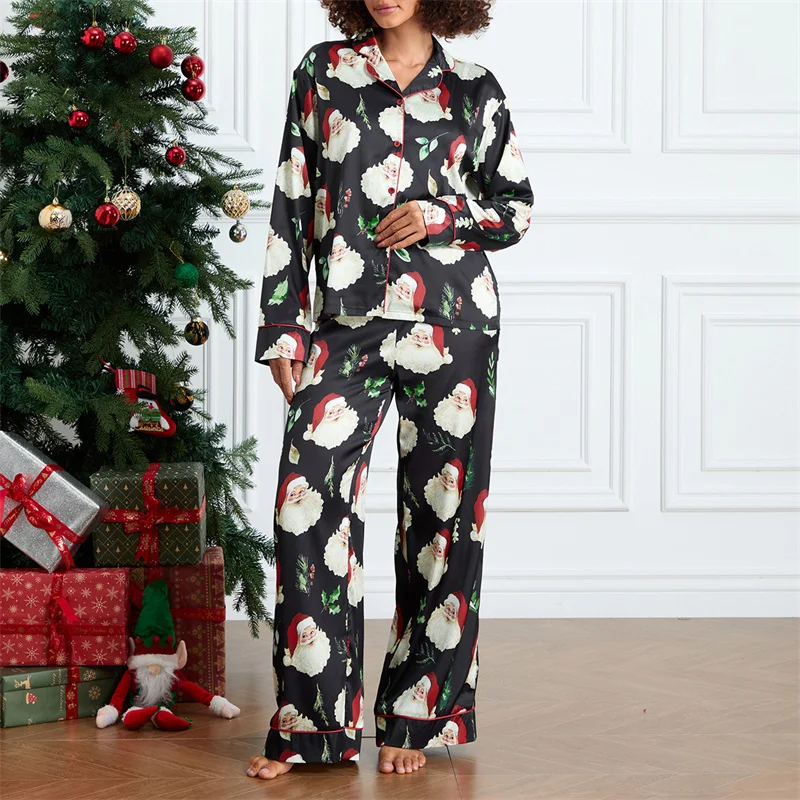 Cute Print Christmas Pajamas Set for Women 2 Piece Slik Satin Santa Matching Set Long Sleeve Shirt Pants Pj Sets Loungewear