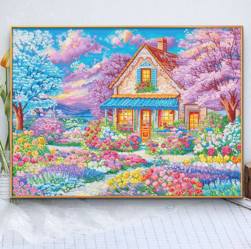 

9CT 120X90CM Flowres House Рукоделие, DIY Гостиная Печатная Вышивка Крестом, Набор Для Вышивания Полная Хлопковая Нить