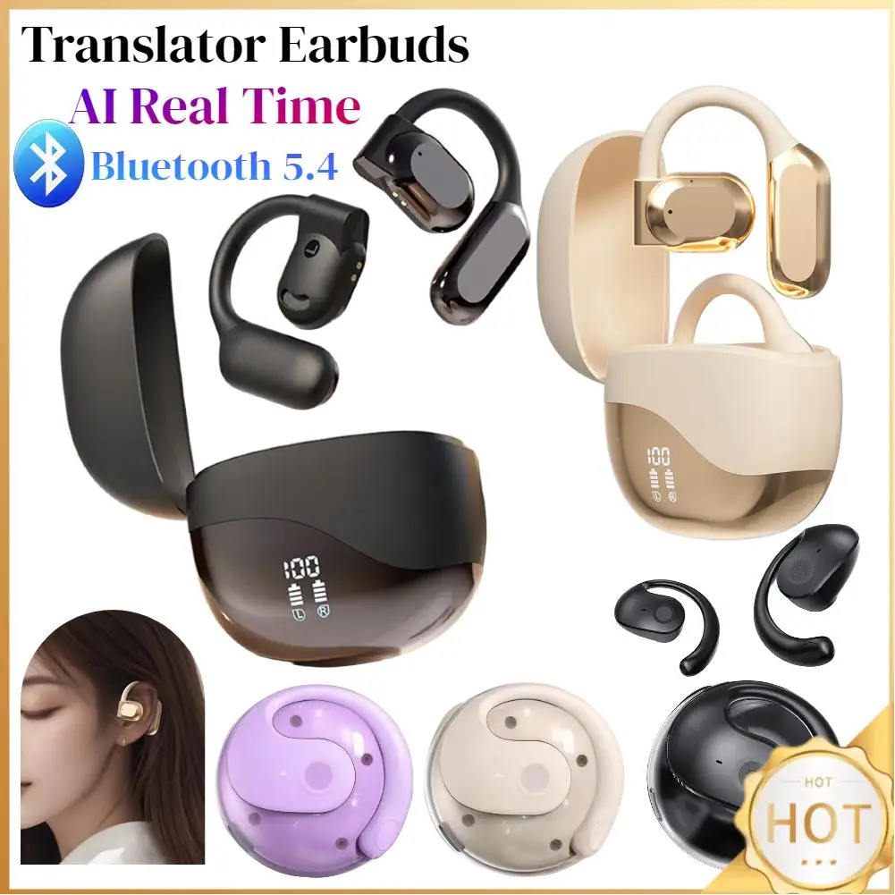 Real Time AI Translator Earbuds Bluetooth-Compatible 5.4 Two-Way Smart Voice Translator Ear Hook Headset for Business Travel