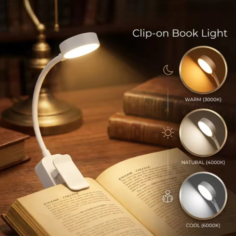 LED Clip on Book Light Portable Reading Light Battery Powered 3 Color Eye Protection Stepless Dimmable Mini Desk Lamp