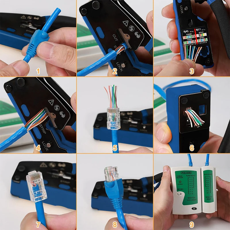 RJ45 RJ11 Crimp Tool Kit Pass Through Cat6 Crimping Tool For Cat5 Cat5e Cat6 8P6P Connector, All-in-one Ethernet Crimper