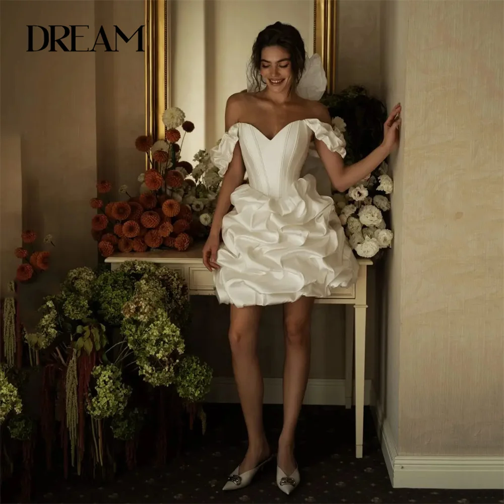 DREAM V-Neck Satin Short Wedding Dresses Women Pleat Off The Shoulder Open Back A-Line Bridal Gown Vestido De Noiva Customized