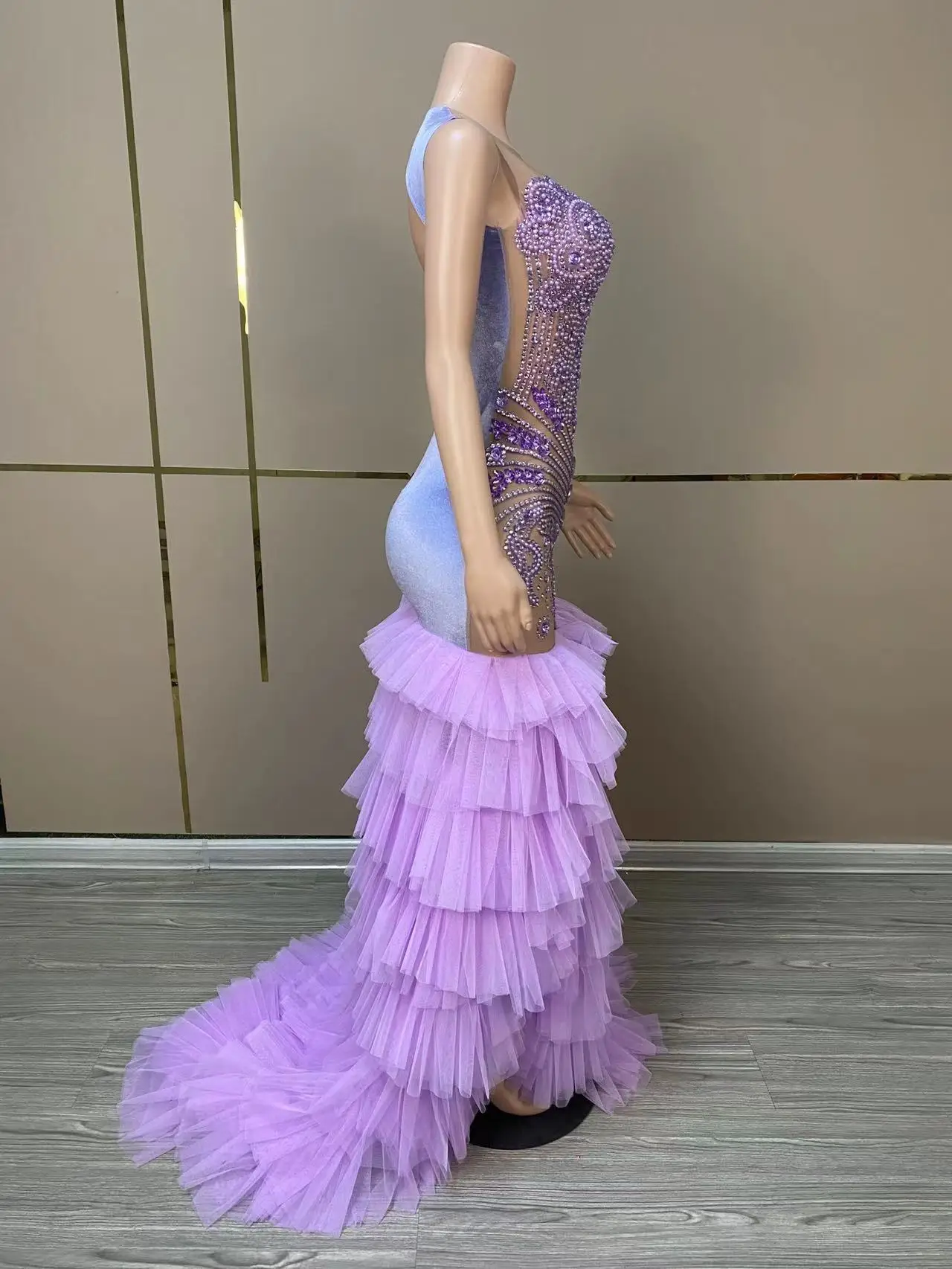 Sexy Stage Long Purple Rhinestone Prom Dress Mermaid Style Fitted Silver Purple Mesh Black Girl Prom Formal Photoshoot Gowns