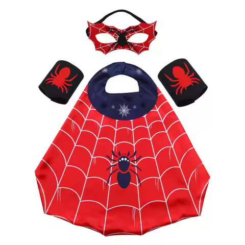 Kids Cartoon Grid Superhero Capes Boys Girls Halloween Costume Set Spider Cape and Mask with Wristband Gift