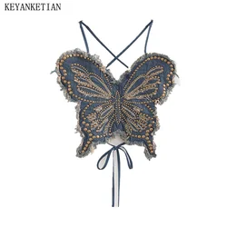 KEYANKETIAN New Women's rivet Rough Decoration Butterfly Corset Y2K Spicy Girl Spaghetti Strap Backless Denim Vest Sexy Camisole
