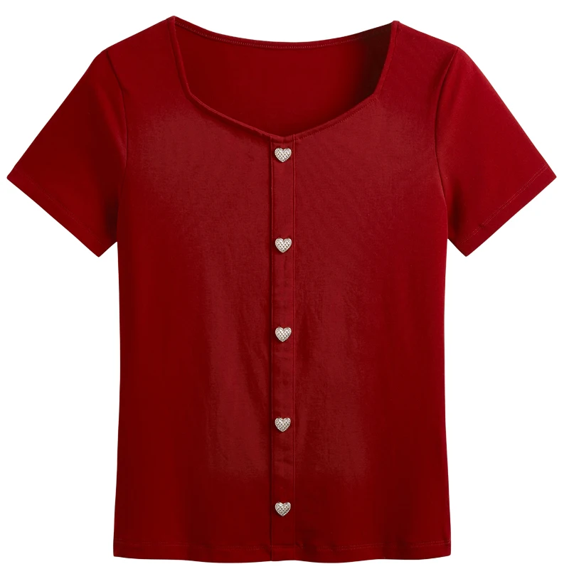 

2023 Summer New Square Neck Short Sleeve T-shirt Cotton Button Fashion Comfortable Fit Solid Color Women's Top