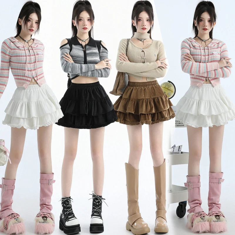 Real Shot Spot Cake Dress Short Skirt Autumn and Winter Women's High Waist A- line Pettiskirt Small Skirt Apricot