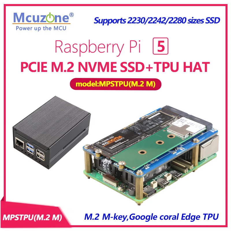 

MPSTPU(M.2 M) Raspberry Pi 5 PCIE M.2 NVME SSD + ТПУ шляпа с поддержкой размера 2230/2242/2280 SSD и Google coral Edge TPU