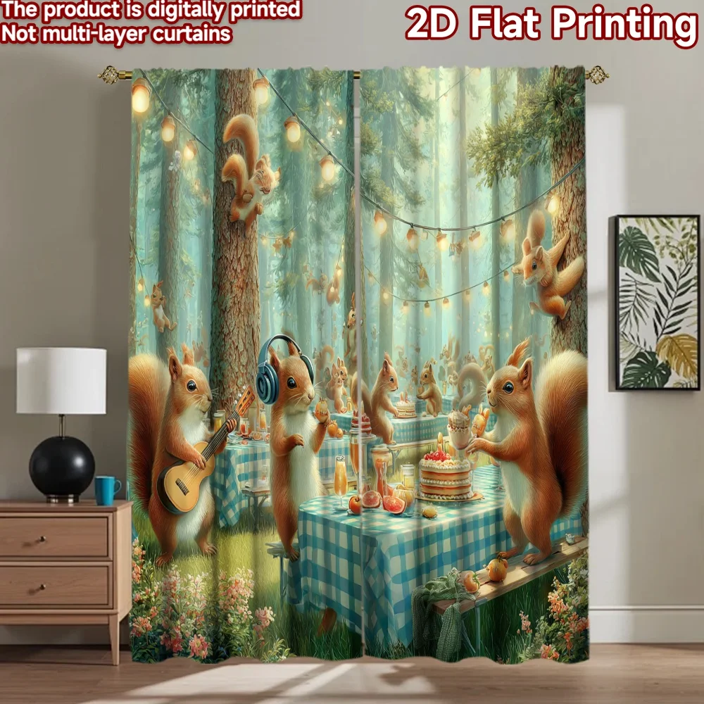 2D flat printing 2pcs Curtains Cute Squirrels Forest Party Celebration Digital Printed Polyester Drapes All Season Party &