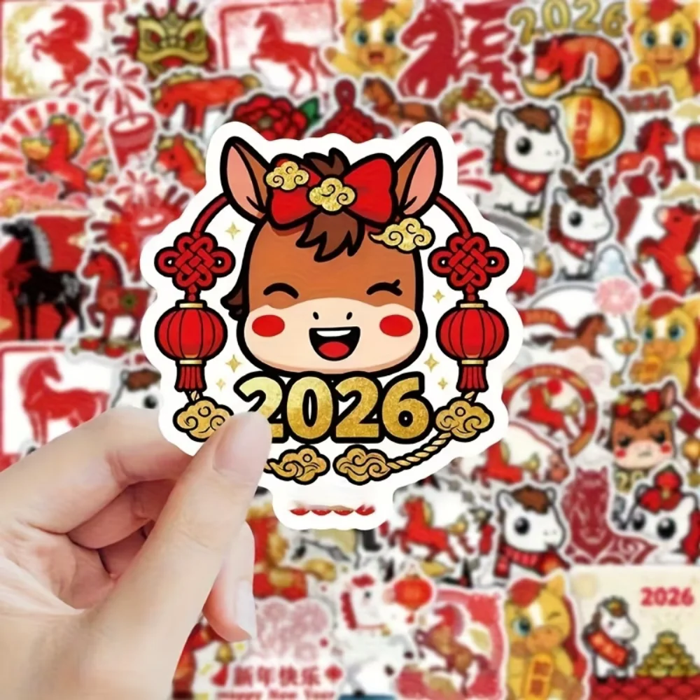 

Наклейки 2026 года с лошадью — 61 шт., новогодние подарочные наклейки с мультяшной лошадью для журнала, ноутбука, планшета и многого другого | Счастливый Не