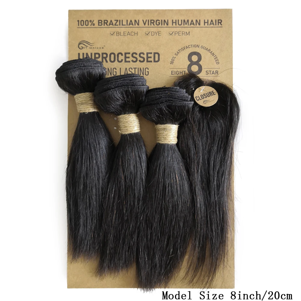 Rambut Manusia Lurus Brasil Dengan Closure 8-12 inci, Bundel Lurus Dengan Closure Bundar, 100% Rambut Manusia Remy
