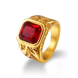 2023 New Fashion Square Red Cubic Zirconia Ring for Women Men Vintage Luxury Gold Color Rings Bride Wedding Party Jewelry Gifts