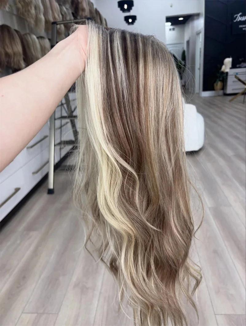Pelucas delanteras de encaje ondulado para mujer, peluca con parte superior de encaje sintético sin pegamento, color rubio platino, a la moda, para uso diario en fiestas
