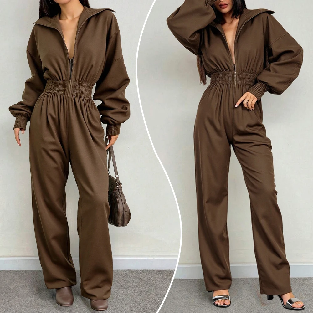 

Women's Rompers Autumn 2025 Elegant Basic Plain Color Flared Sleeve Notched Collar Defined Waist Wide Leg Jumpsuit