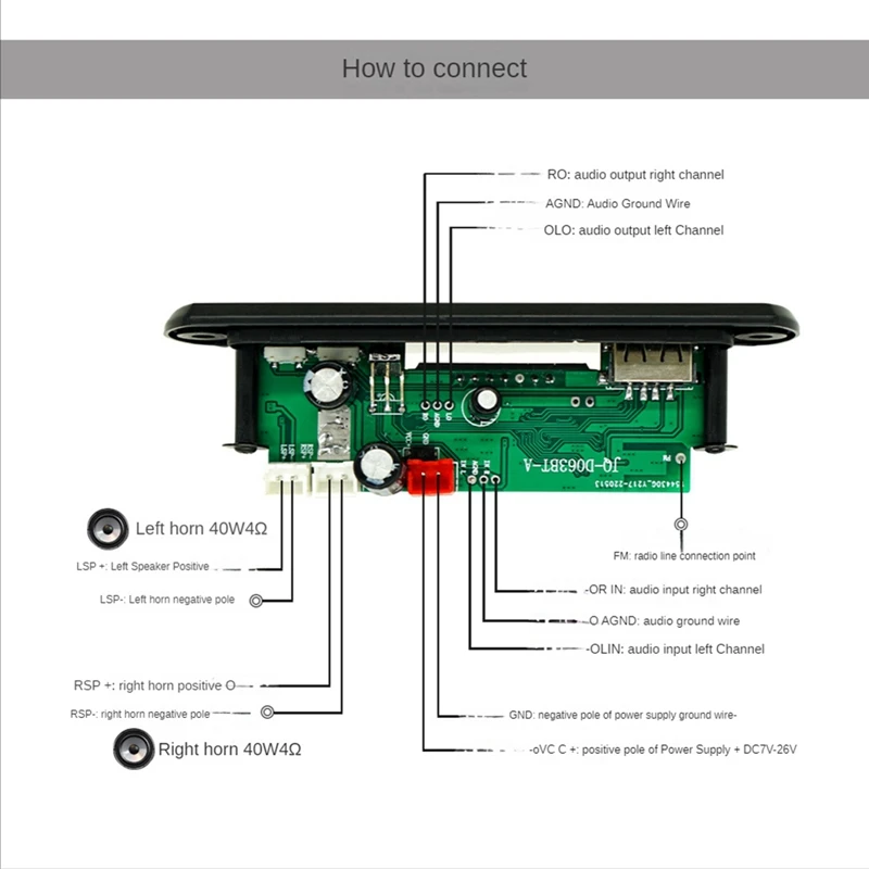 Bluetooth 5.0 MP3 Player Decoder Board FM Radio TF USB 2X40W AUX Module Receiver JQ-D063BT Kit Audio Amplifier Board