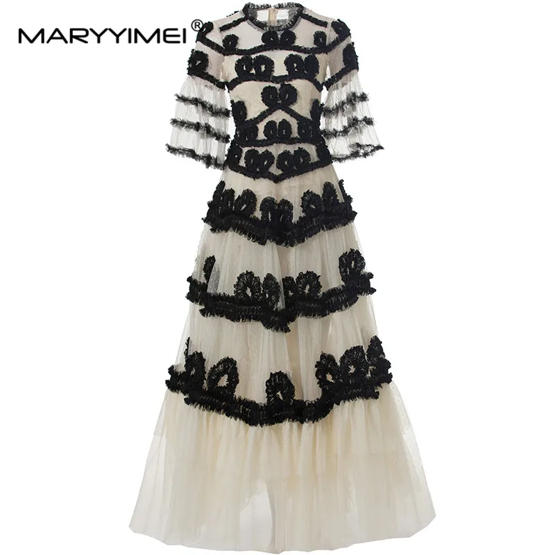 

MARYYIMEI Fashion Summer Women's Ball Gown dress Flare Sleeve Mesh Splicing Mushroom Edge High Waist Striped S-XXXXL Dresses