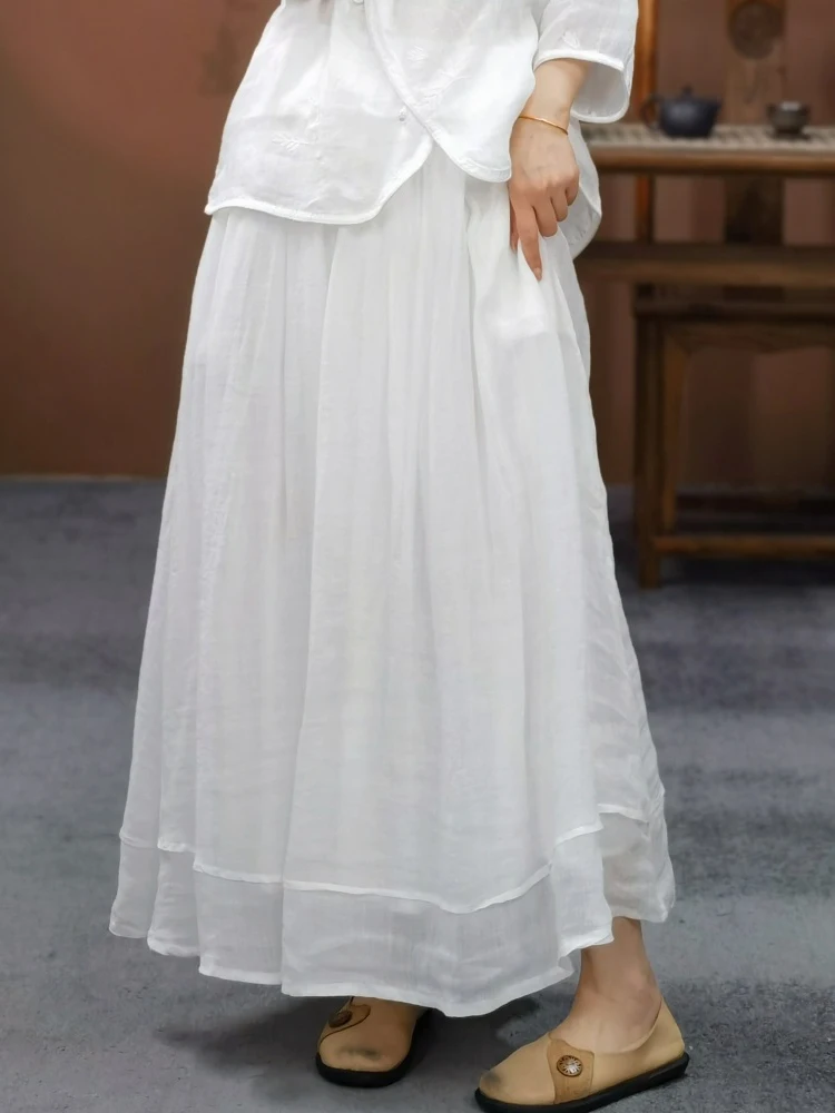 Nieuwe Chinese Sle Losse Dubbellaags Pure Kleur Vlas Midi Rok vrouwen Ciwalk A-lijn Rok midden Taille Elastische taille