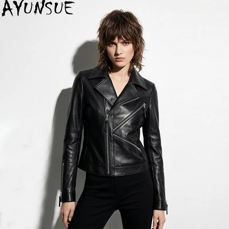 AYUNSUE Women's Sheepskin Jackets Motorcycle Style Short Fitted Long Sleeve Tops Fashion Lapel Black Jacket Woman Clothes Casaco