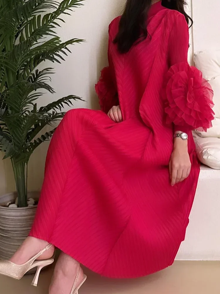 YUDX Pleated Maxi Long Dress Mesh Petal Sleeve Half Turtleneck Formal Dresses for Women 2024 New Hot Sales