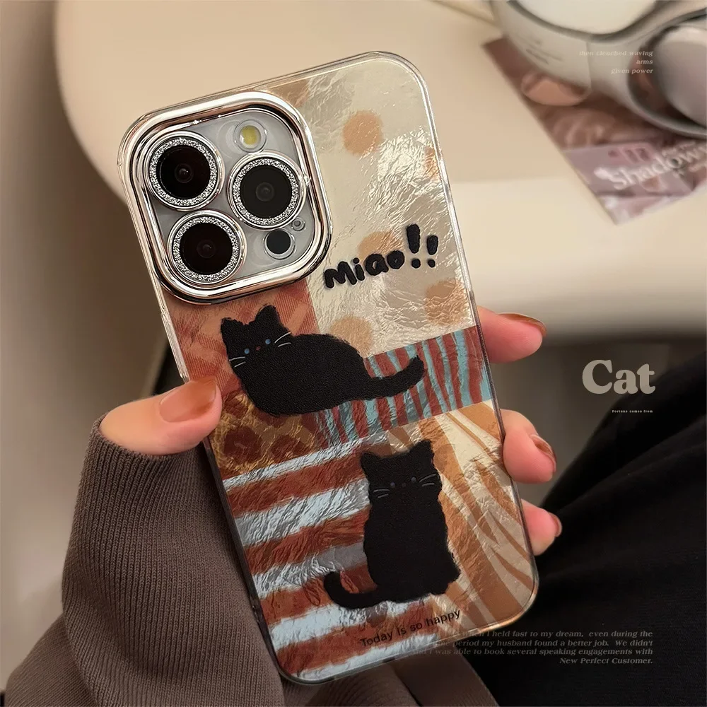 Koreanische schwarze Katze Leopard Spleißen Telefon Fall für iPhone 11 12 13 14 15 16 Pro Max XS XR X 7 8 Plus Glitter Objektiv Schutzhülle