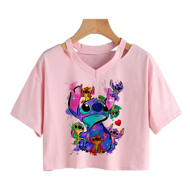 Y2k 90s Cropped Kawaii Stitch Funny Cartoon T Shirt Women Manga T-shirt Graphic Tshirt Streetwear Crop Top Tees Female Gothic