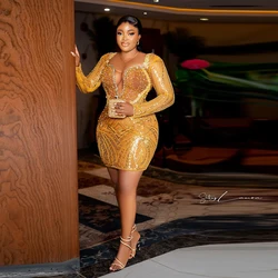 Gold Lace Short Prom Dresses Aso Ebi Style Lace Appliques Beaded Long Sleeves Short Evening Gowns Aso Ebi Style Party Dress