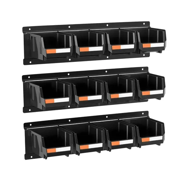 Wall Mounted Storage Bins, 12 Plastic Bins & 3 Metal Rails, Plastic Hanging Stackable Storage Bin for Screws, Nuts, Bolts