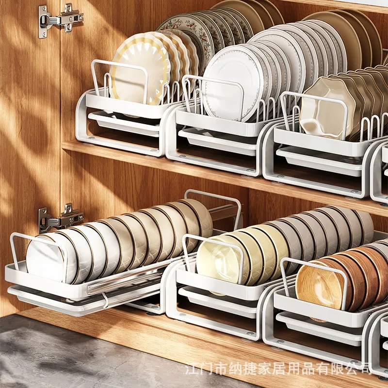 Sliding Bowl Dish Organizer with Chopstick Barrel Kitchenware Organizer Kitchen Shelf Dish Drying Rack Kitchen Storage Organizer