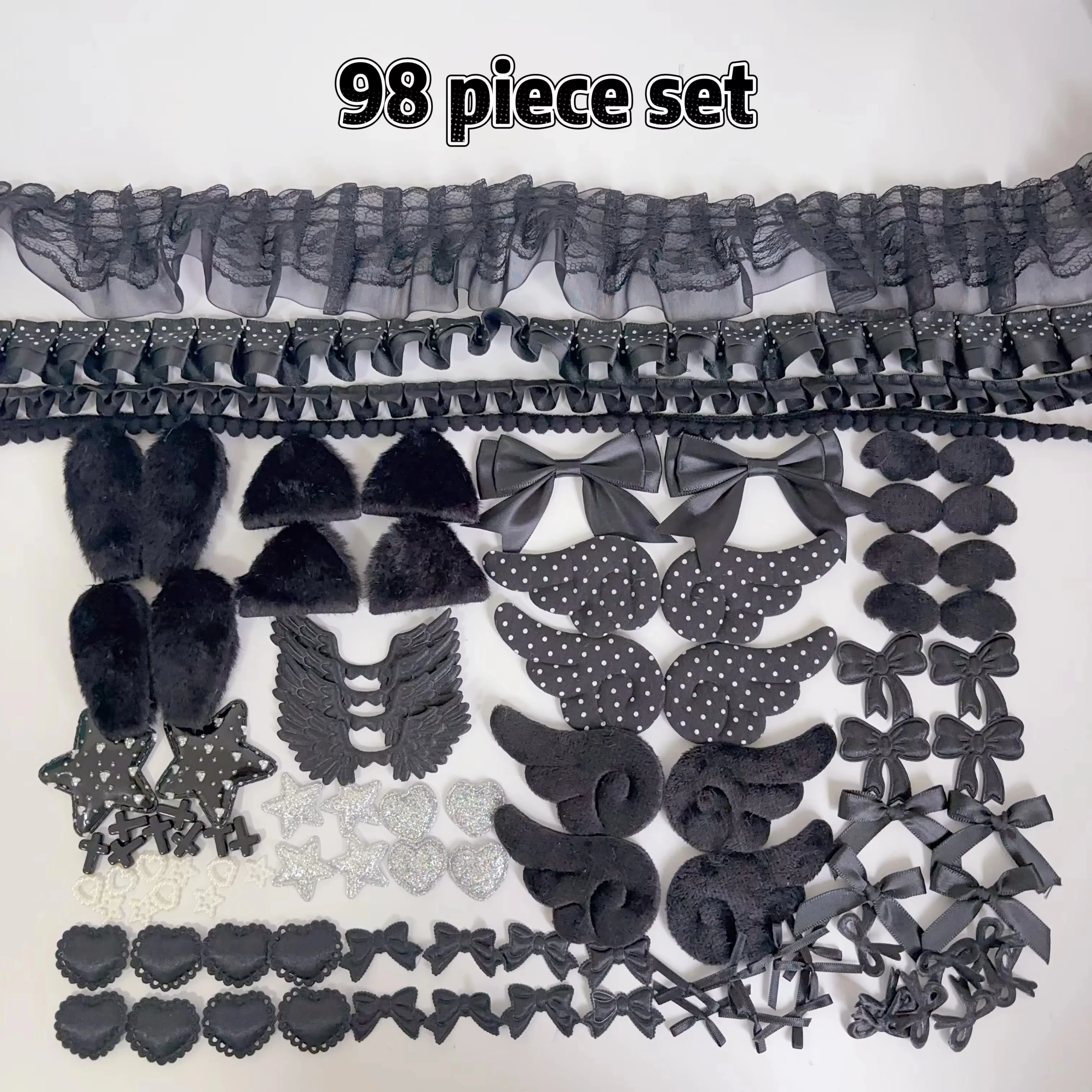 98 PCS Polka Dot Ribbon Accessory Material Kit with Cotton-Filled Wings, Bow, and Plush Accessories, Lace Ribbon Material Kit