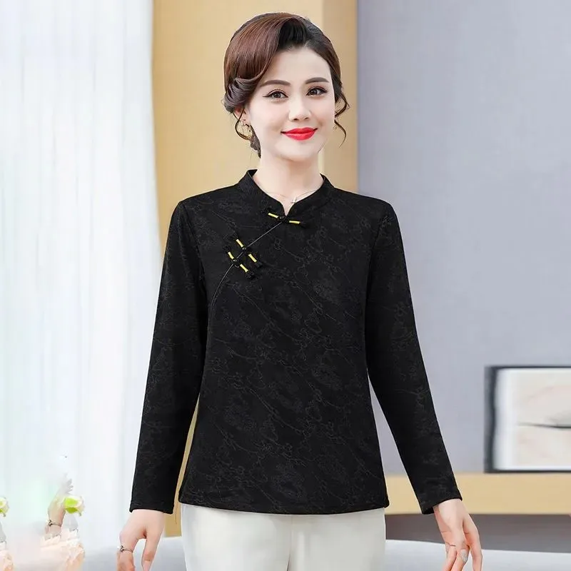 Mature Women Chinese Style Stand Collar Top Retro Frog Button Slim Long Sleeve Mom Blouse