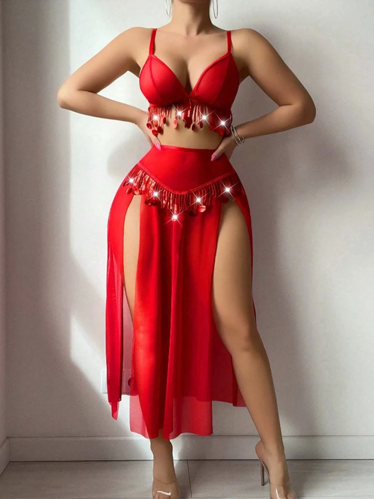 

Valentine Sexy Lingerie Red Party Dress Outfit Sexy Beaded Decor Accessories Hot Ensemble Babydoll Honeymoon Lady Fancy Girl Set