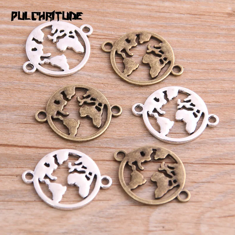 16pcs 20*26mm Three Color Round World Map Link Earth Charms Connector Jewelry Making DIY Handmade Craft DIY