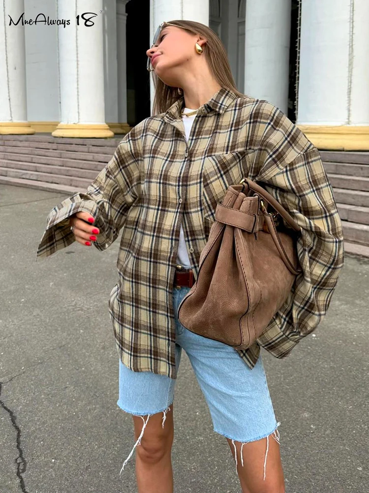 Mnealways18 Vintage Shacket Oversized Gingham Blouses And Tops Womens Dropped Shoulder Plaid Shirts Street Style Pockets Casual