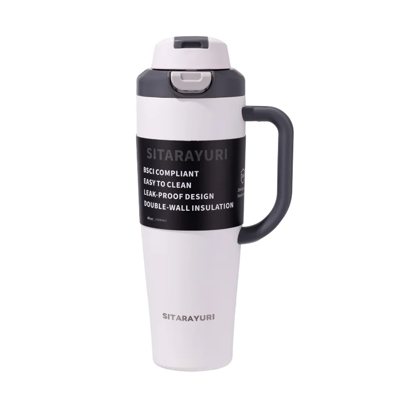1.2L Dual Drinking Insulated Water Bottle With Comfort Grip Handle And Push Button Lid Stainless Steel Thermos For Outdoor Offic