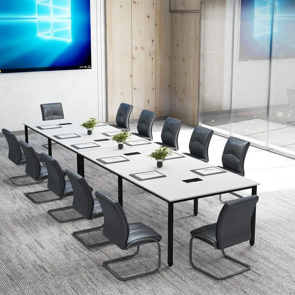 

Large 94.5x48 Meeting Table for 8-10 People, Metal Frame, Cable Management, Ideal for Boardroom or Office Conference Room (White